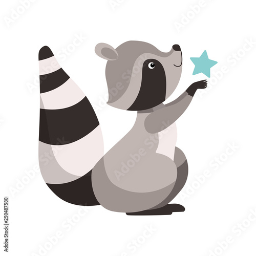 Cute Raccoon with Star, Funny Humanized Grey Coon Animal Character, Side View Vector Illustration