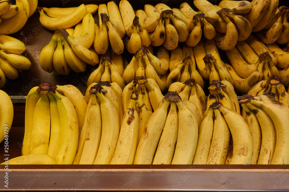 Ripe bananas on the counter of the fruit store