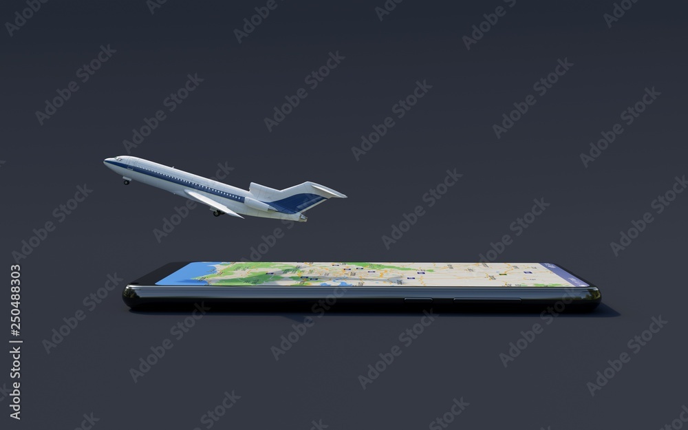 Naklejka premium Airplane leaving the screen of the smartphone, simulating the ease of booking flights online