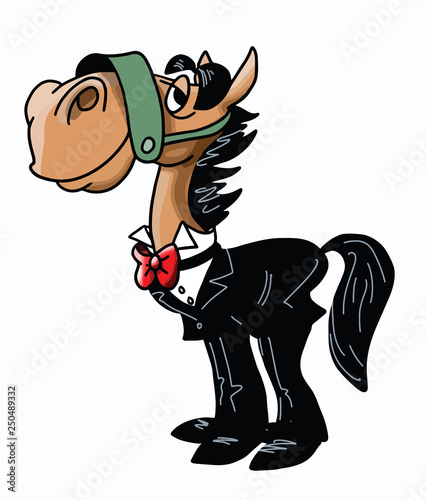 A cartoon horse wearing a tuxedo dressed for a ball party