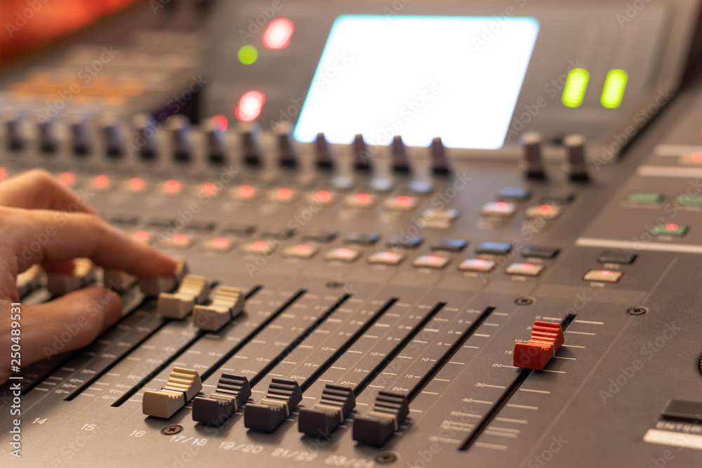 audio mixing console fader. recording, broadcasting, editing, post production concept audio mixing console fader. recording, broadcasting, editing, post production concept