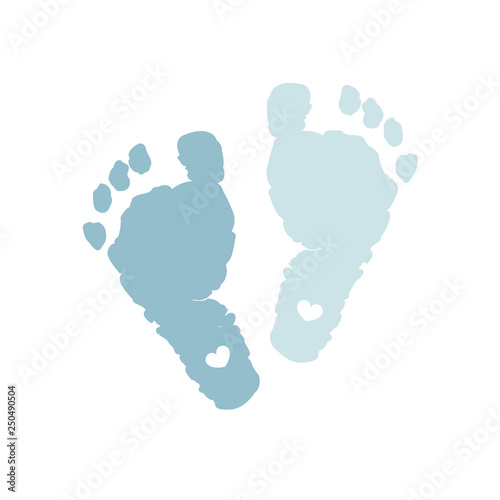 Baby foot prints. Baby boy. Blue colored. Baby boy foot print with heart. Baby shower greeting card. Foot steps