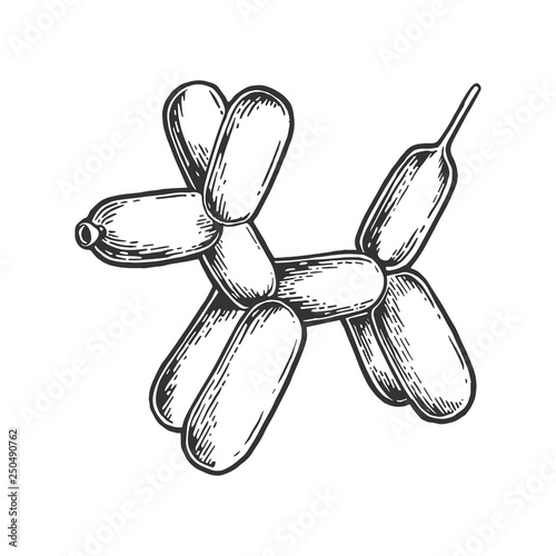 Balloon dog toy sketch engraving vector illustration. Scratch board style imitation. Black and white hand drawn image.