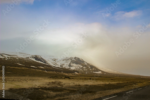 view of mountains from road in Iceland 