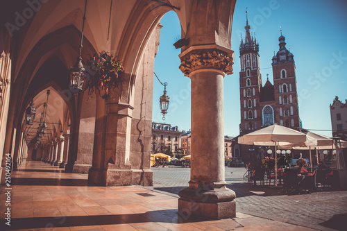 Cloth Hall and St. Mary's Basilica on main Market Square in Krakow, Poland