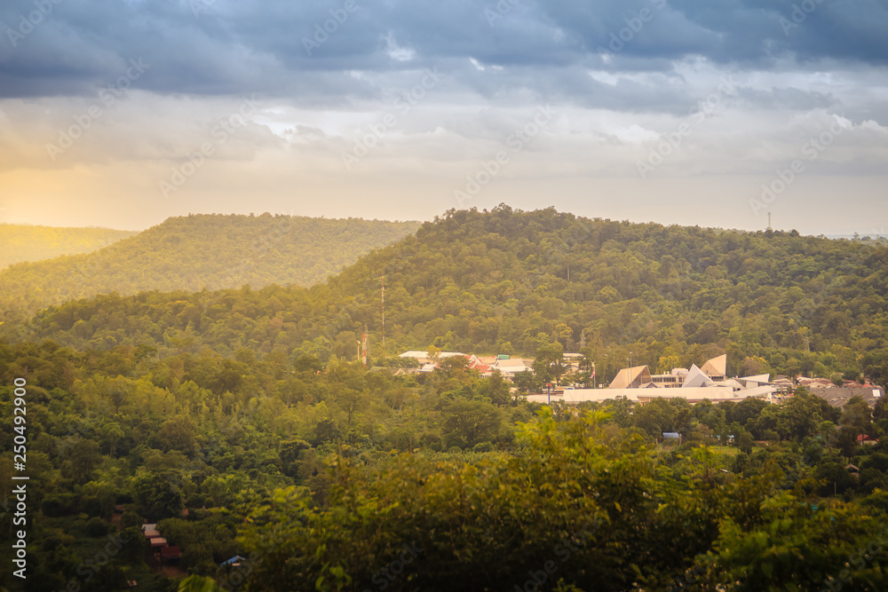 Peaceful forest and mountains over Chong Mek checkpoint terminal, the land bridge permanent border pass to Vang Tao village, Pakse, Champasak, Laos. View from Wat Phu Prao, Ubon Ratchathani, Thailand.