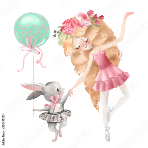 Obrazy Księżniczki  tanczaca-ksiezniczka-z-zajaczkiem-trzymajacym-balonik