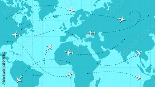 World map with airline routes, silhouette of world map with icons of airplanes, international flights, dotted line air path. Vector illustration