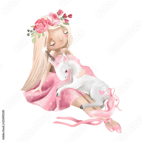 Fotografia Cute ballerina, ballet girl with flowers, floral wreath and baby unicorn