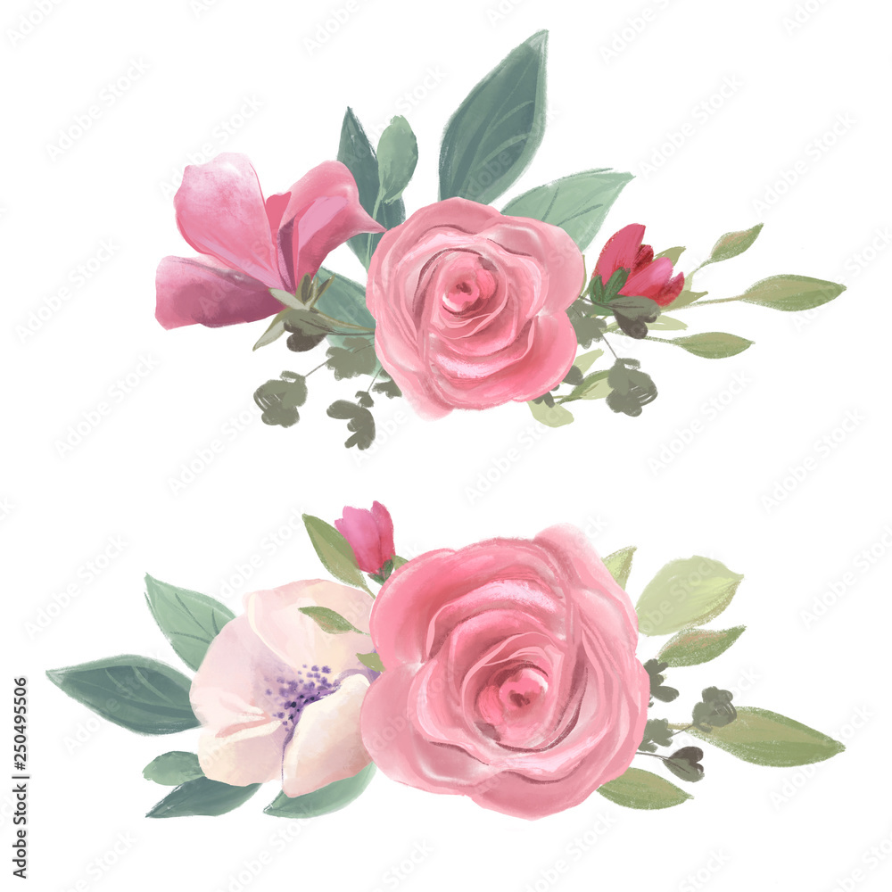 Watercolor floral bouquet, flowers arrangement. Vintage rose flowers