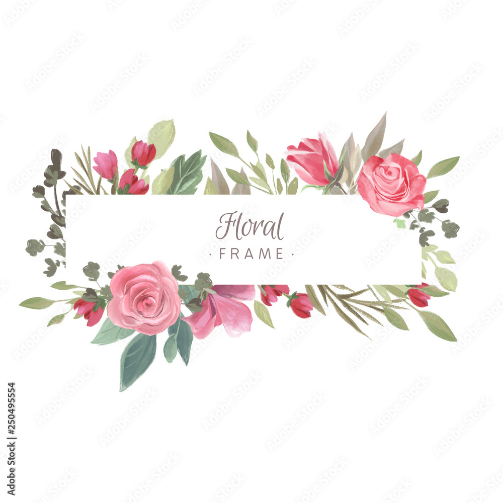 Watercolor floral frame, teal with bouquet, flowers arrangement. Vintage rose flowers