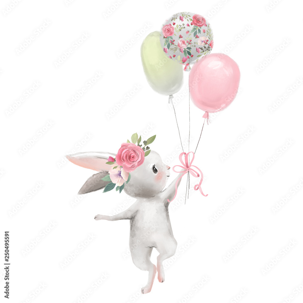 Fototapeta Cute girl króliczek z kwiatami, wieniec kwiatowy z balonami