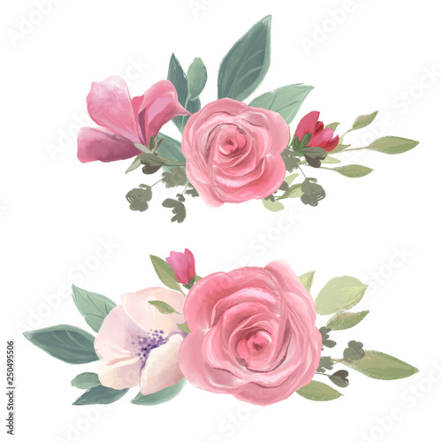 Watercolor floral bouquet, flowers arrangement. Vintage rose flowers