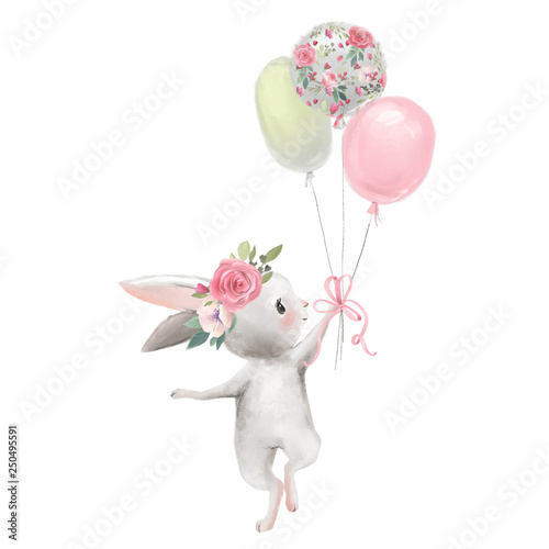 Vászonkép Cute girl baby bunny with flowers, floral wreath with balloons