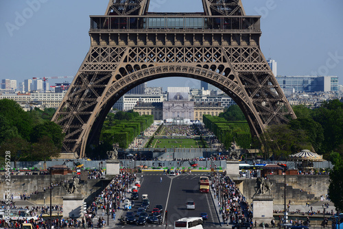 PARIS, FRANCE - MAY 5, 2018: View from Trocadero of Jena Bridge (Pont d'Iena, 1814) and Eiffel Tower on the Left Bank of River Seine.