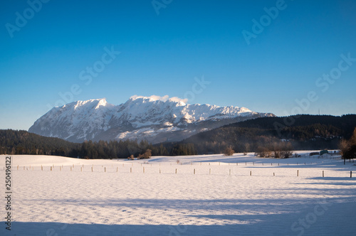 Snowy mountains Grimming, Schartenspitze, Steinfeldspitze on a sunny winter day