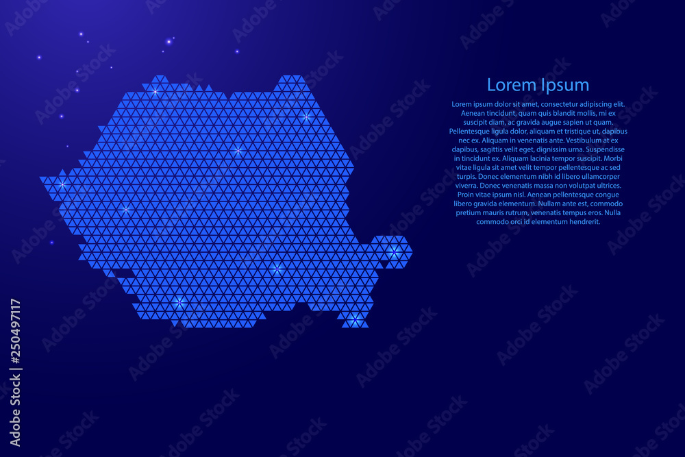 Romania map abstract schematic from blue triangles repeating pattern geometric background with nodes and space stars for banner, poster, greeting card. Vector illustration.