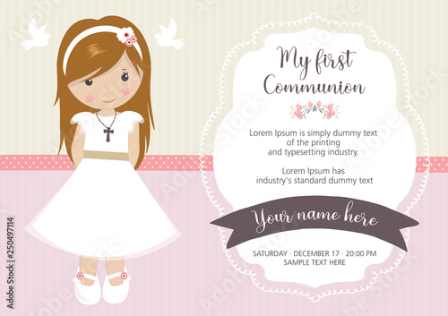 My first communion invitation. Beautiful girl with communion dress and cute frame