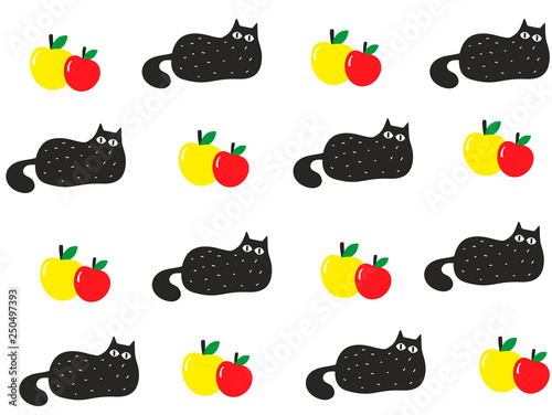 Endless pattern with doodle black cats and fresh apples.