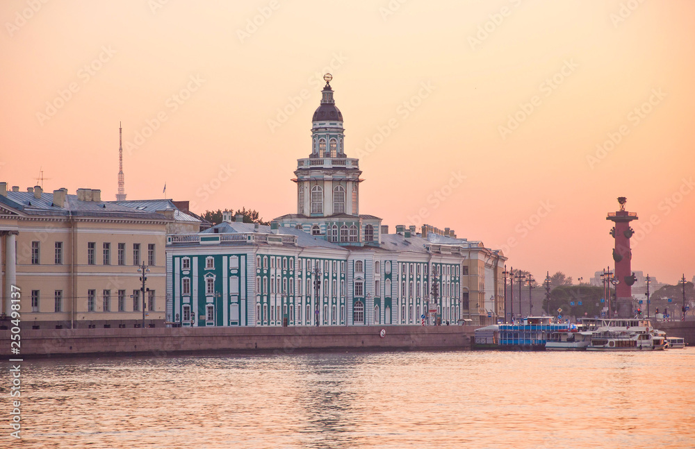 Kunstkamera, a museum. Saint Petersburg, Russia. View from the banks of the Neva River, early morning, dawn.