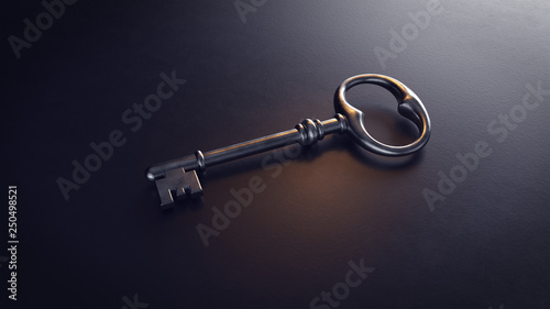 Old metal key on a black background. 3d illustration