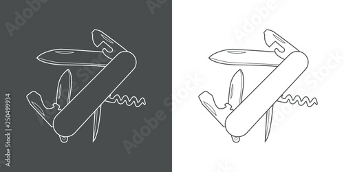Icono plano lineal navaja multiusos en gris y blanco