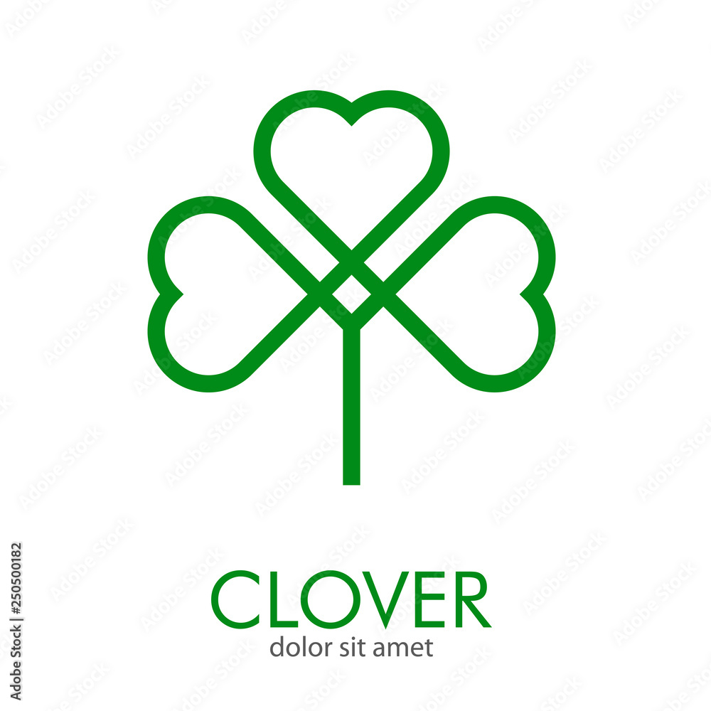 Logotipo abstracto con texto CLOVER con trébol lineal entrelazado de 3 hojas en color verde Logotipo abstracto con texto CLOVER con trébol lineal entrelazado de 3 hojas en color verde