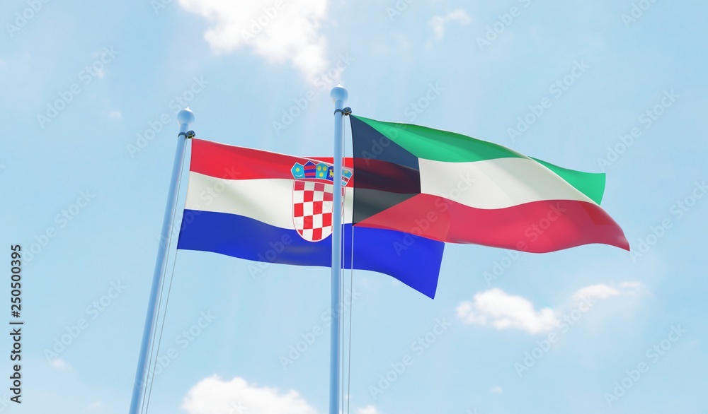 Kuwait and Croatia, two flags waving against blue sky. 3d image