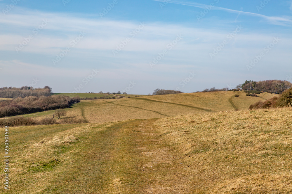 A pathway across fields and hills in the South Downs in Sussex, on a sunny winters day