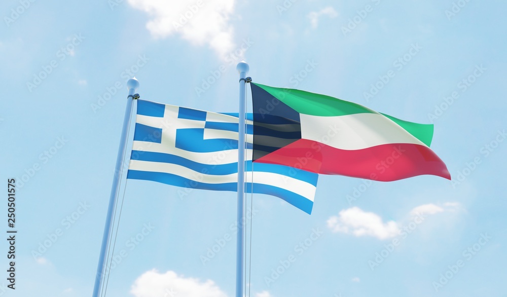 Kuwait and Greece, two flags waving against blue sky. 3d image