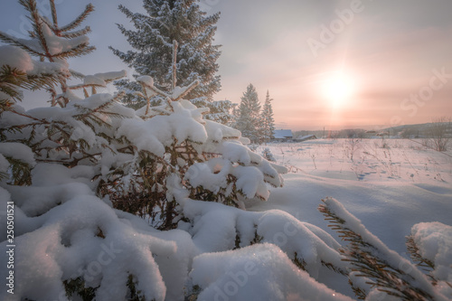 Frosty morning under Chusovoy town. Perm region.