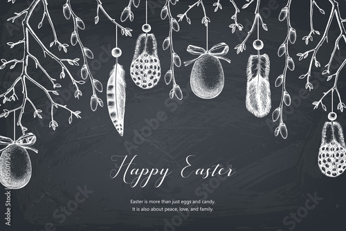 Modern Easter Design. Shabby Chic style. Hand drawn eggs,  willow twigs and feathers decoration. Holiday decor elements. Greeting cards or invitions, posters, web. Vector template.  photo