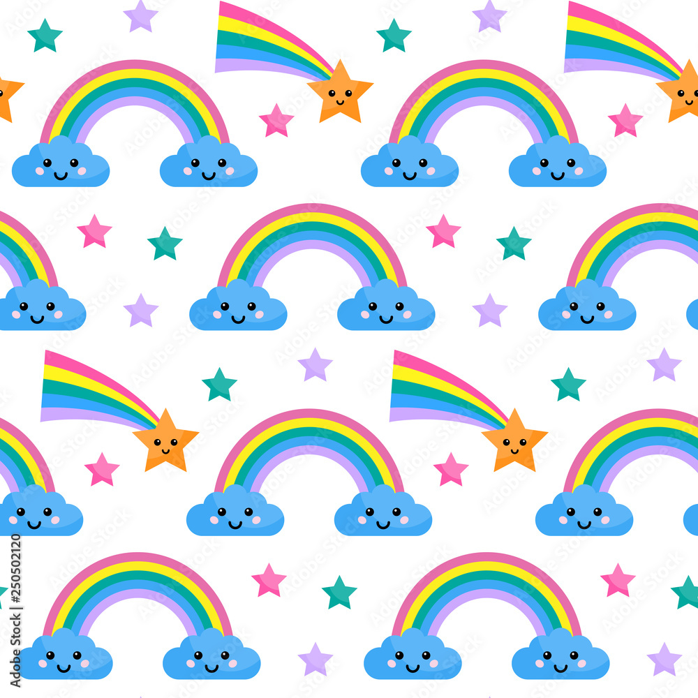 Vector seamless pattern with rainbow and clouds.