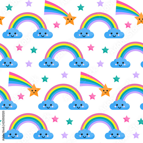 Vector seamless pattern with rainbow and clouds.