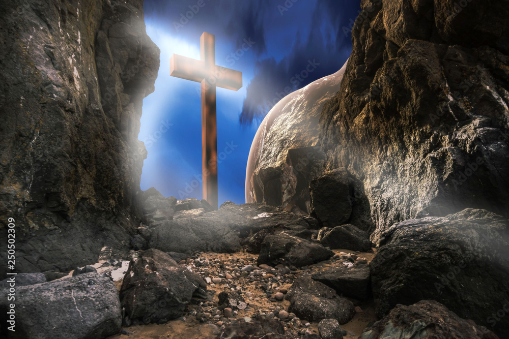 Resurrection of Jesus Christ. Empty tomb with cross against the sky ...