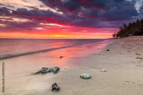 Beautiful sunset on the beach in a tropical resort at Reunion island.