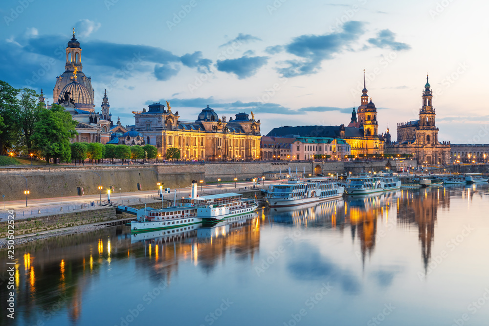 Beautiful Dresden city skyline at Elbe River and Augustus Bridge, Dresden, Saxony, Germany