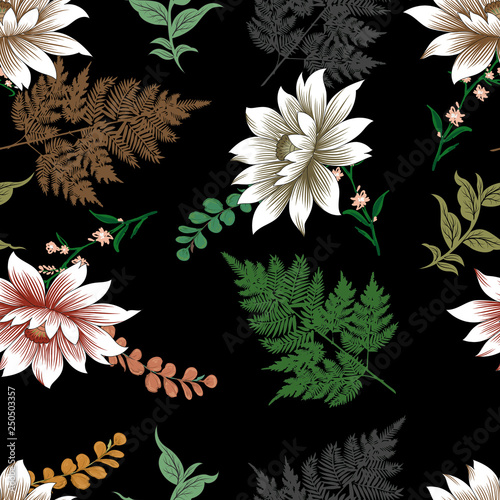 Flowers leaf and branches seamless pattern design 