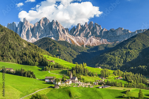 Famous alpine place  Santa Maddalena village with magical Dolomites mountains in background  Val di Funes valley  Trentino Alto Adige region  Italy  Europe