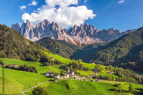 Famous alpine place Santa Maddalena village with magical Dolomites mountains in background, Val di Funes valley, Trentino Alto Adige region, Italy, Europe