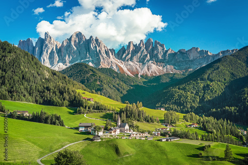 Famous alpine place Santa Maddalena village with magical Dolomites mountains in background, Val di Funes valley, Trentino Alto Adige region, Italy, Europe