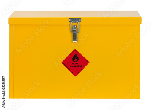 LOCKED YELLOW STEEL CABINET WITH FLAMMABLE WARNING SIGN ISOLATED ON WHITE BACKGROUND