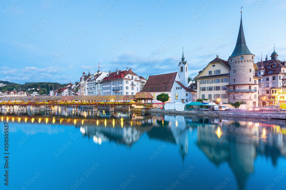 Scenic historic city center of Lucerne with famous buildings and lake Lucerne (Vierwaldstattersee), Canton of Lucerne, Switzerland