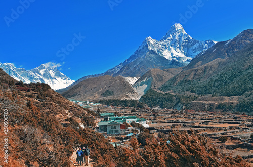 View on beautiful Lower Pangboche village and Ama Dablam mountain, Everest Region, Sagarmatha National Park, Khumbu valley, Solukhumbu, Himalayas mountains, Nepal 