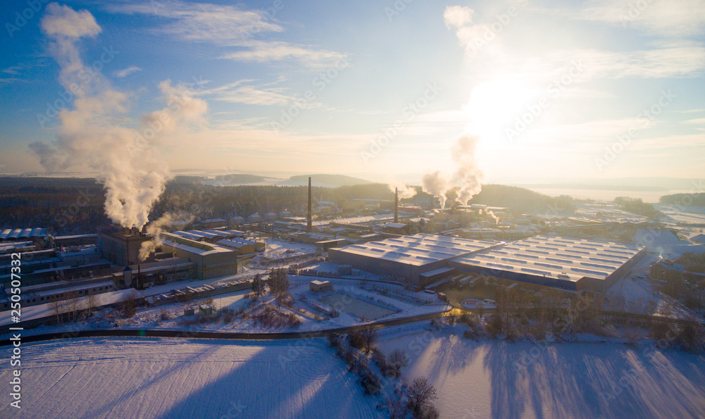 Aerial view to smoking stacks from industrial area near Pilsen. Air pollution and climate change theme. Power and fuel generation in Czech Republic, European Union. 