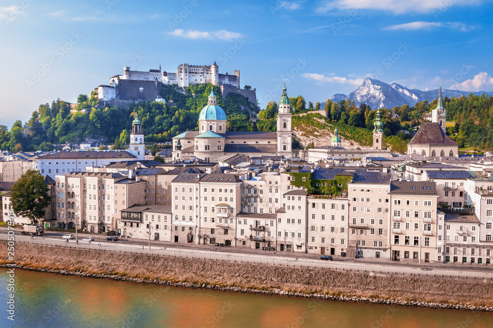 Beautiful view on Salzburg skyline with Festung Hohensalzburg heritage in the autumn and Austrian Alps, Salzburg, Austria