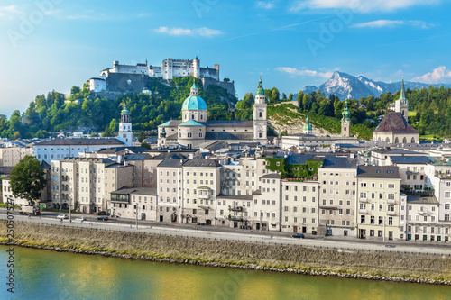 Beautiful view on Salzburg skyline with Festung Hohensalzburg heritage in the autumn and Austrian Alps, Salzburg, Austria