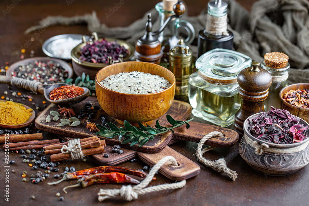 Spices and seasonings for cooking in the composition on the table Spices and seasonings for cooking in the composition on the table