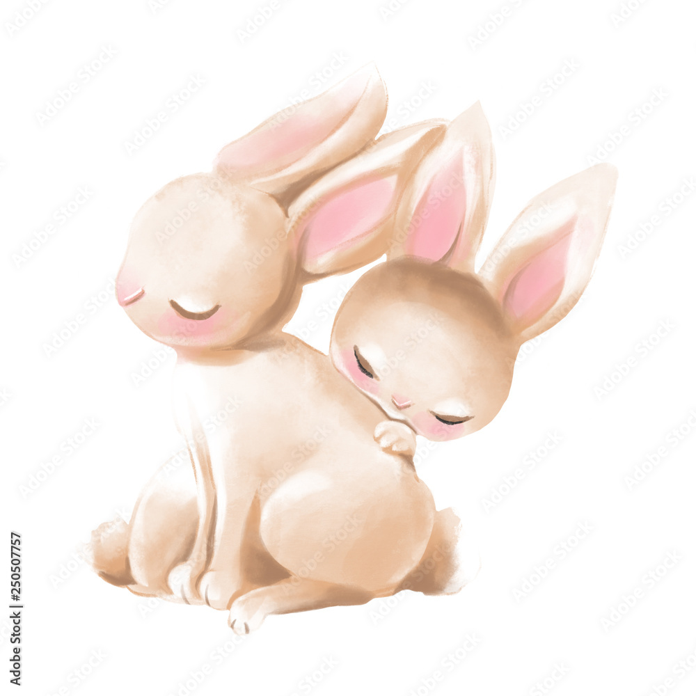 Φωτογραφία Cute watercolor baby boy and girl bunnies hugs