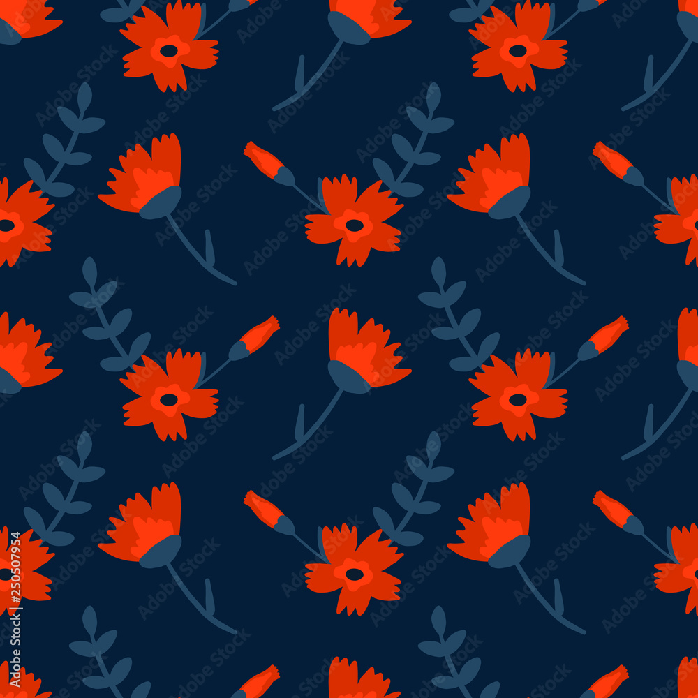 Floral hand drawn seamless color pattern. Cartoon texture with cute flowers and leaves. Floral ornament in scandinavian style. Sketch for wrapping paper, textile, background vector fill.